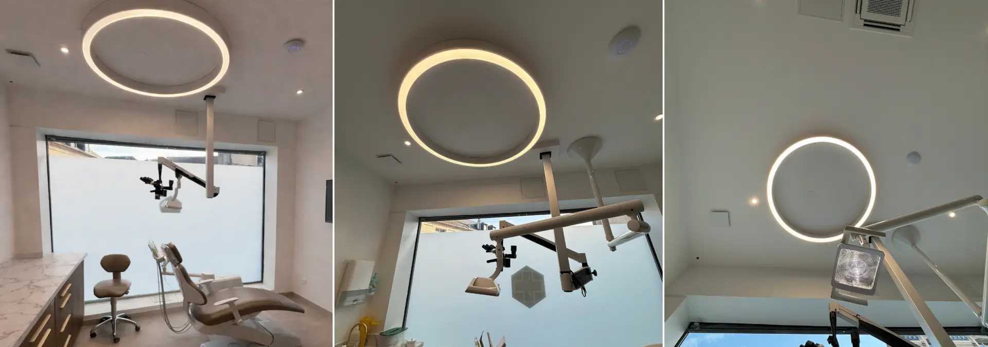 Réalisation La Boutique de l'Éclaireur : salle de soins dentaire éclairée par un anneau LED suspendu en blanc dynamique, complété de spots encastrés