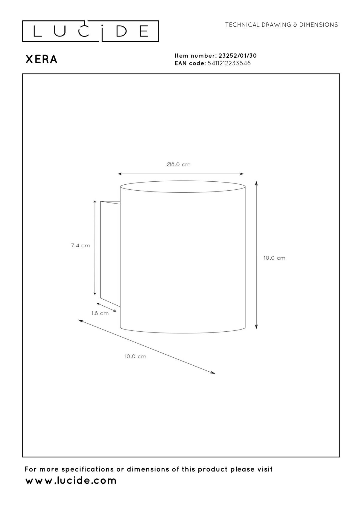 Schéma coté de l’applique Lucide Xera : Ø 8 cm, hauteur 10 cm