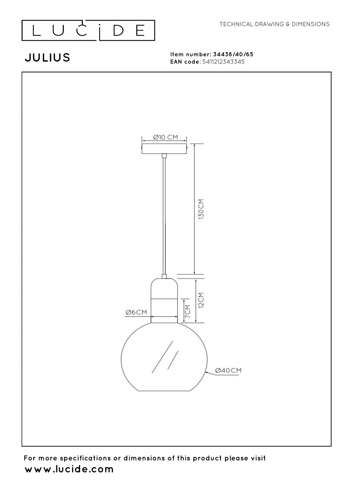 Schéma coté de la suspension Lucide Julius Ø 40 cm, hauteur réglable de 40 à 130 cm