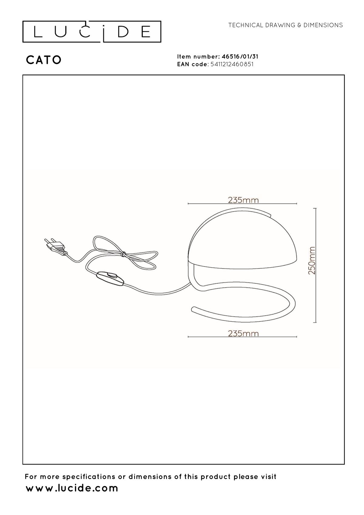 Schéma coté de la lampe Lucide Cato : Ø 23,5 cm, hauteur 25 cm