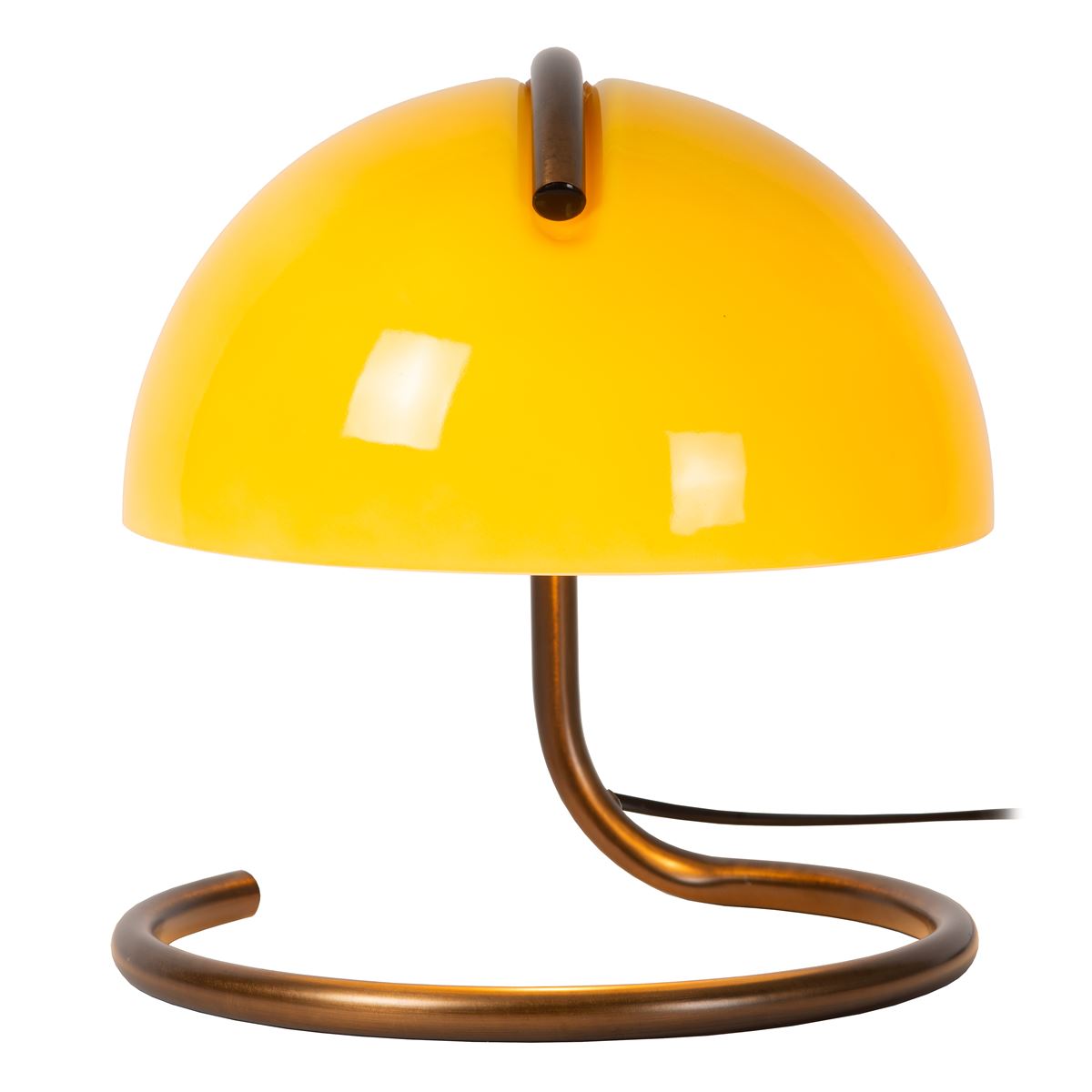 Détail de l’abat-jour en verre et du pied en métal de la lampe Lucide Cato