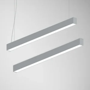 Deux profils linéaires Indelague Reba 50 gris suspendus par câbles