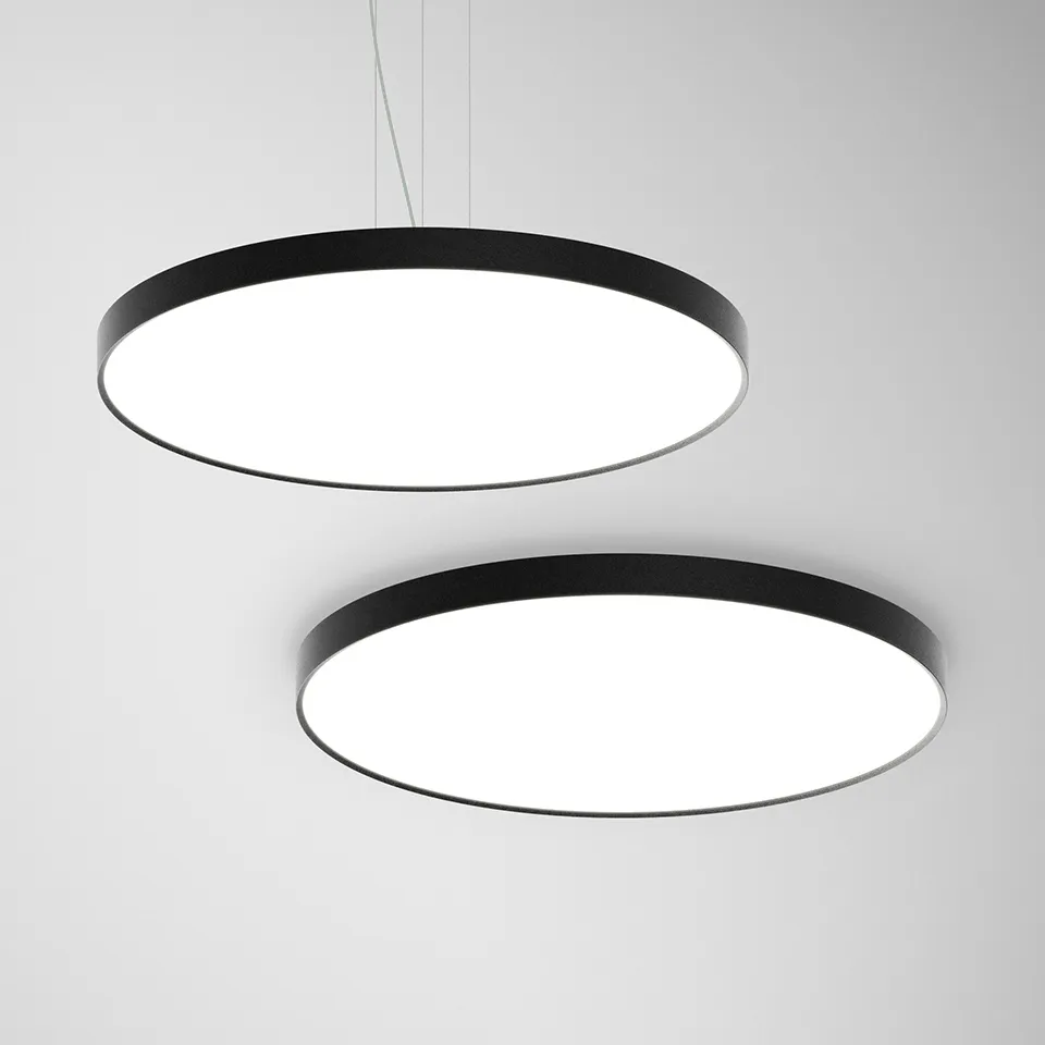 Deux suspensions circulaires Indelague Rofy 60 noires à diffuseur blanc