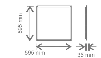 Schéma coté dalle LED Kosnic : 595 x 595 mm, épaisseur 36 mm