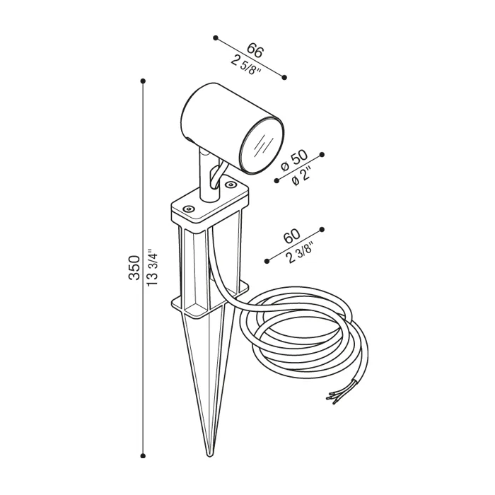 Schéma coté du Lombardo Ago Garden : tête de 50 mm, hauteur de 350 mm piquet compris