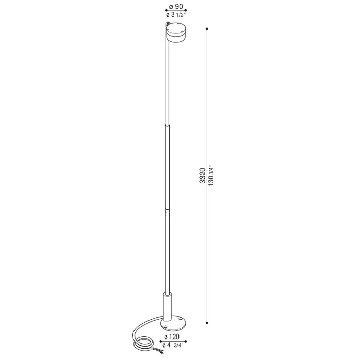 Schéma coté du Lombardo Hasta : tête de 90 mm, platine de 120 mm, hauteur maximale de 3 320 mm