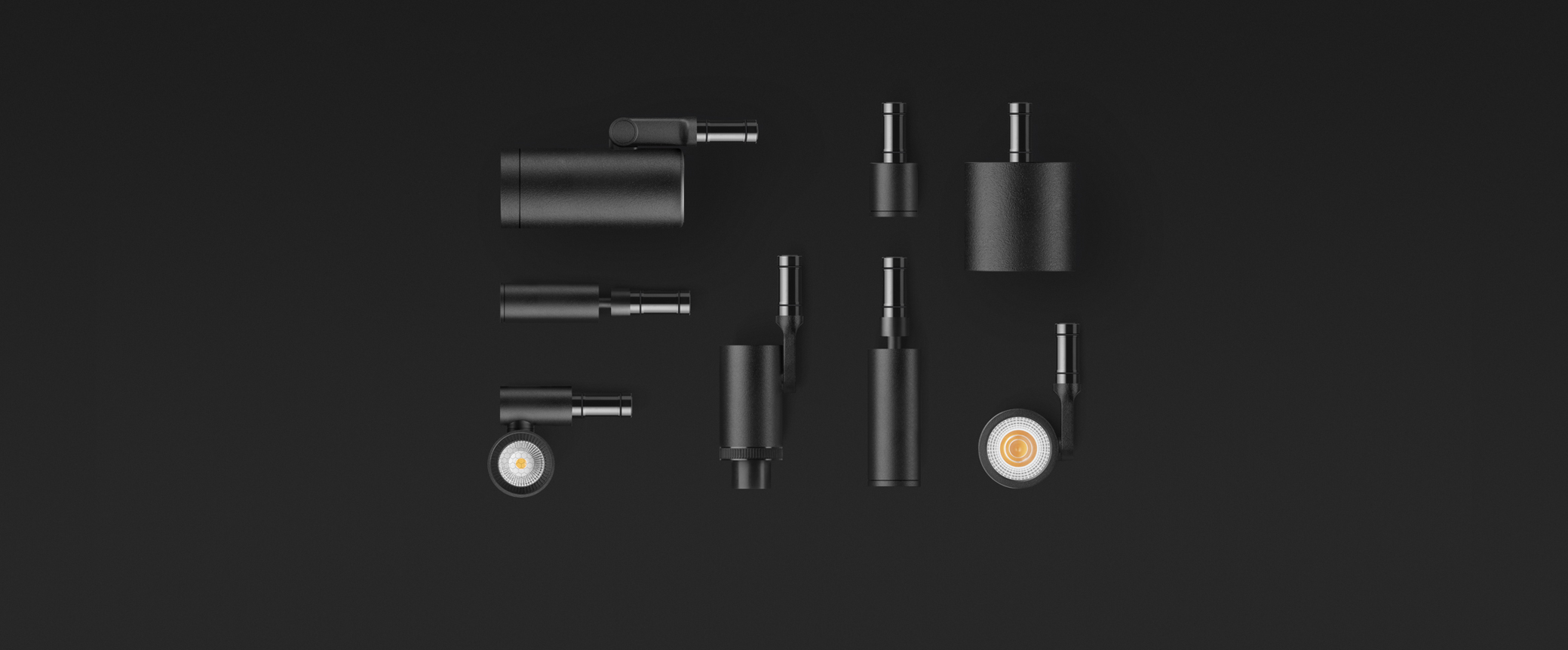 Composants du système magnétique 24 V Arkos Light : rail et spots sur fond noir