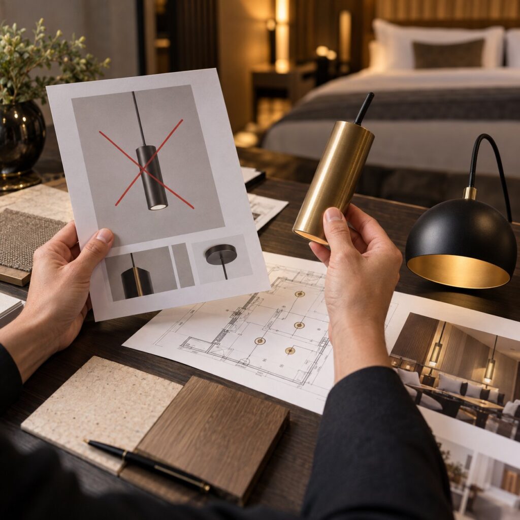 Référence luminaire en rupture barrée sur une fiche produit, comparée à une suspension équivalente en laiton sur les plans d'éclairage d'un hôtel
