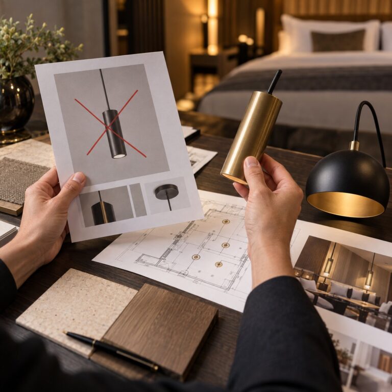 Référence luminaire en rupture barrée sur une fiche produit, comparée à une suspension équivalente en laiton sur les plans d'éclairage d'un hôtel