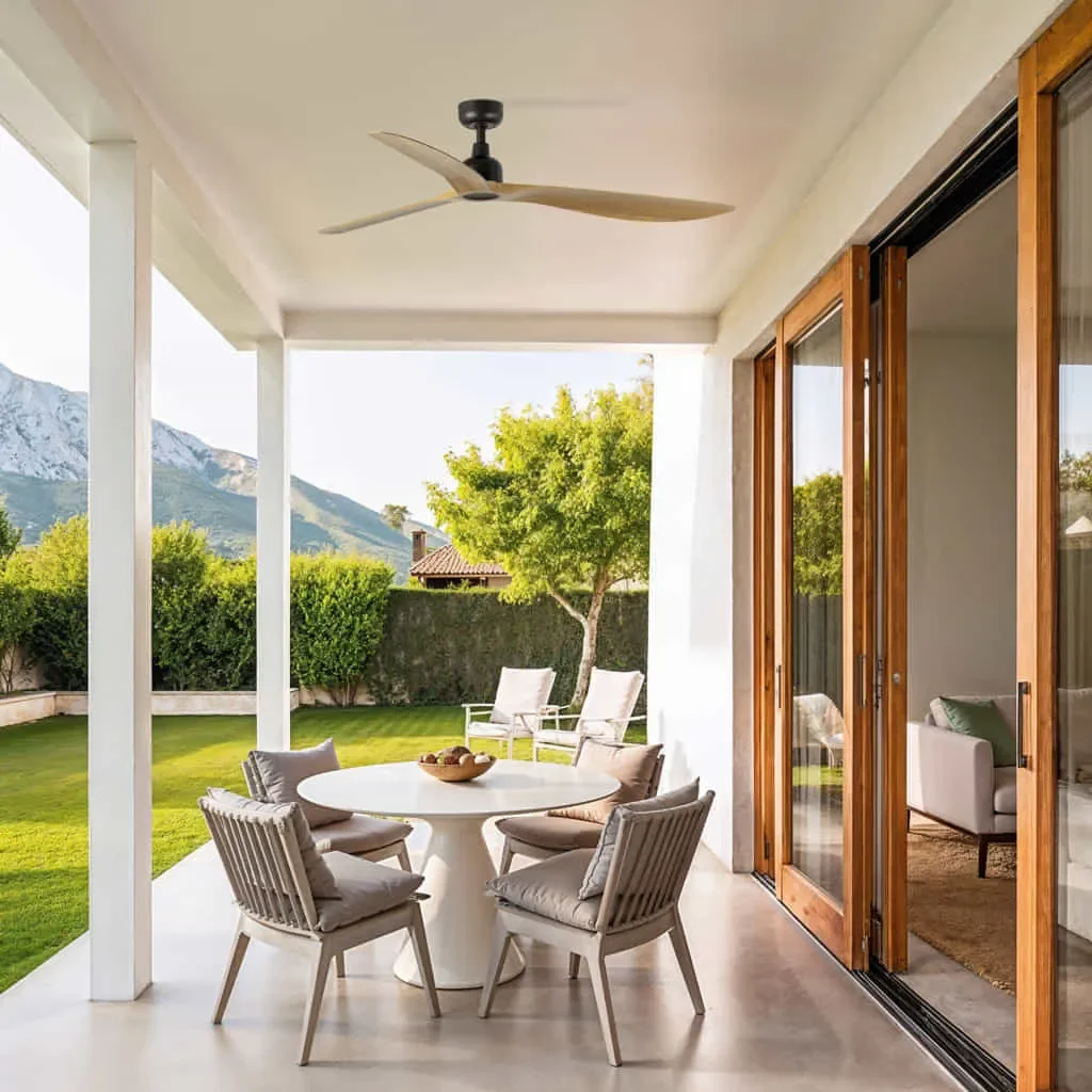 Ventilateur de plafond Faro Outwood sous un porche avec table et chaises