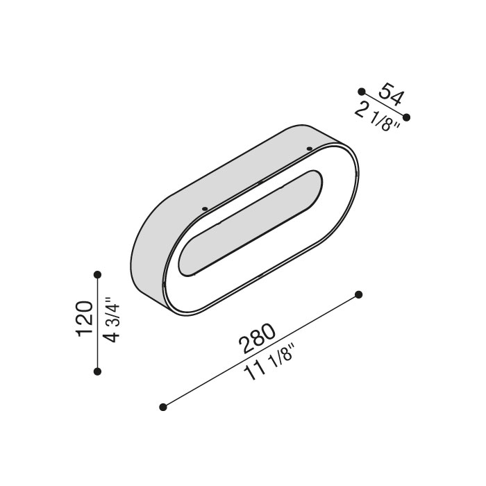 Schéma coté du Lombardo Ross 280 : 280 × 120 mm, 54 mm d'épaisseur