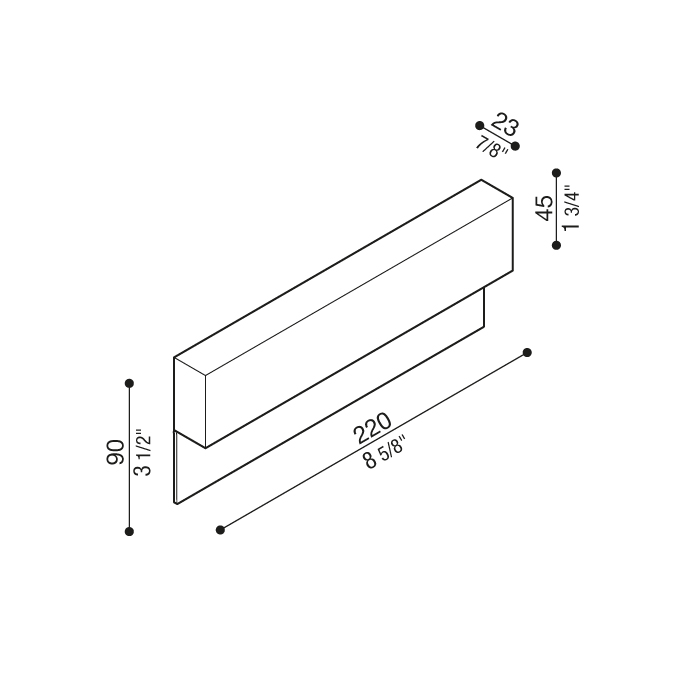 Schéma coté de la Lombardo Tape 220 : 220 mm de long, avec et sans ailette