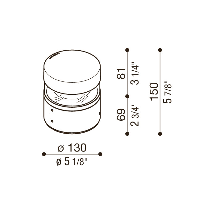 Schéma coté de la borne Lombardo Tok H150 : diamètre 130 mm, hauteur 150 mm